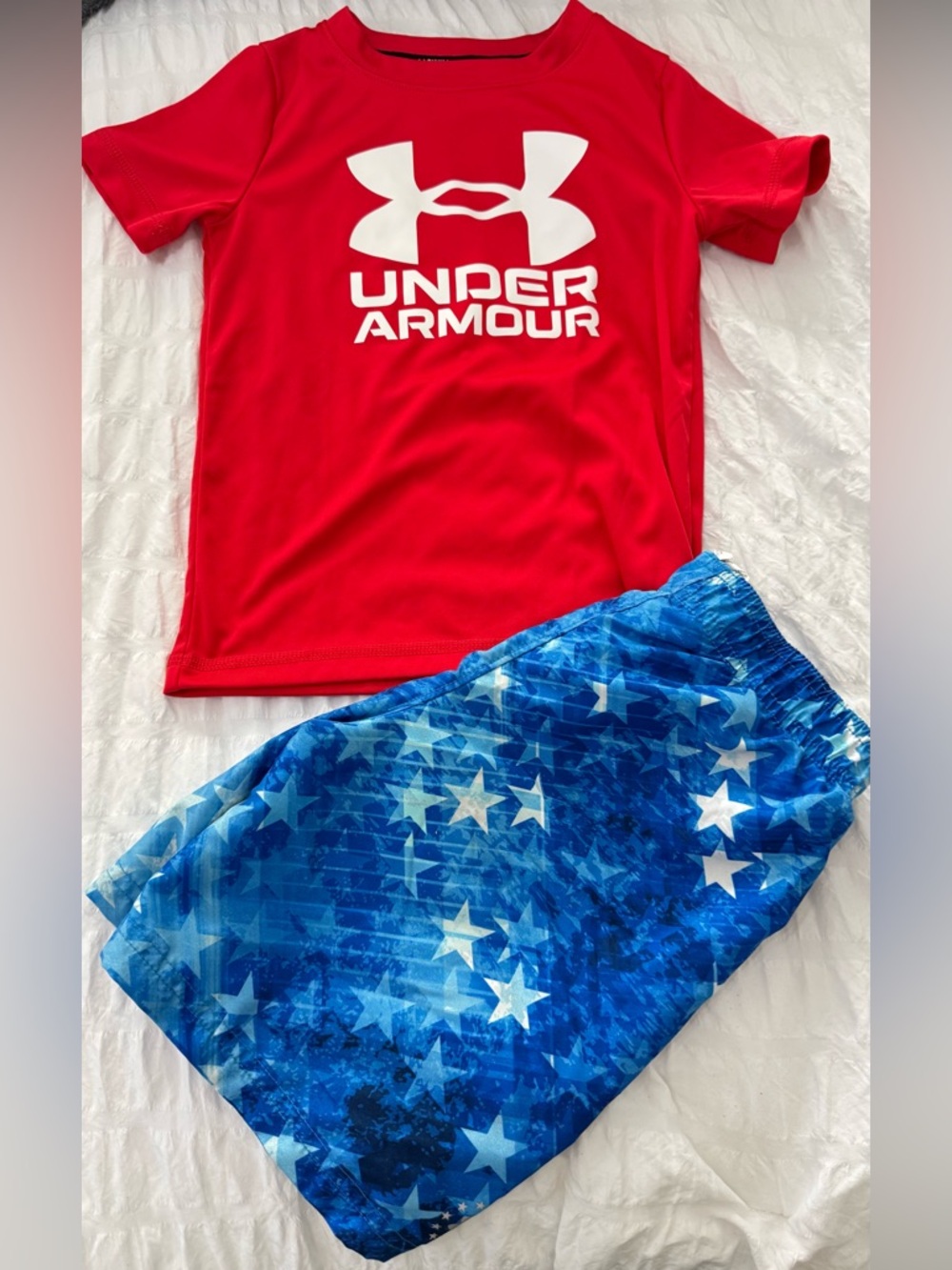 Under Armour Red Swim Rash Guard with White Logo and trunks size 4